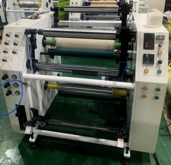 Máquina semiautomática de rebobinado de film estirable sin tubo de papel LLDPE PVC PVDC POF PVA Pet Pec Cling Film Rewinder Machinery 76mm Sub Roll Air Shaft